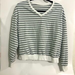 Gray and White Striped V-Neck Sweater and Matching Shorts